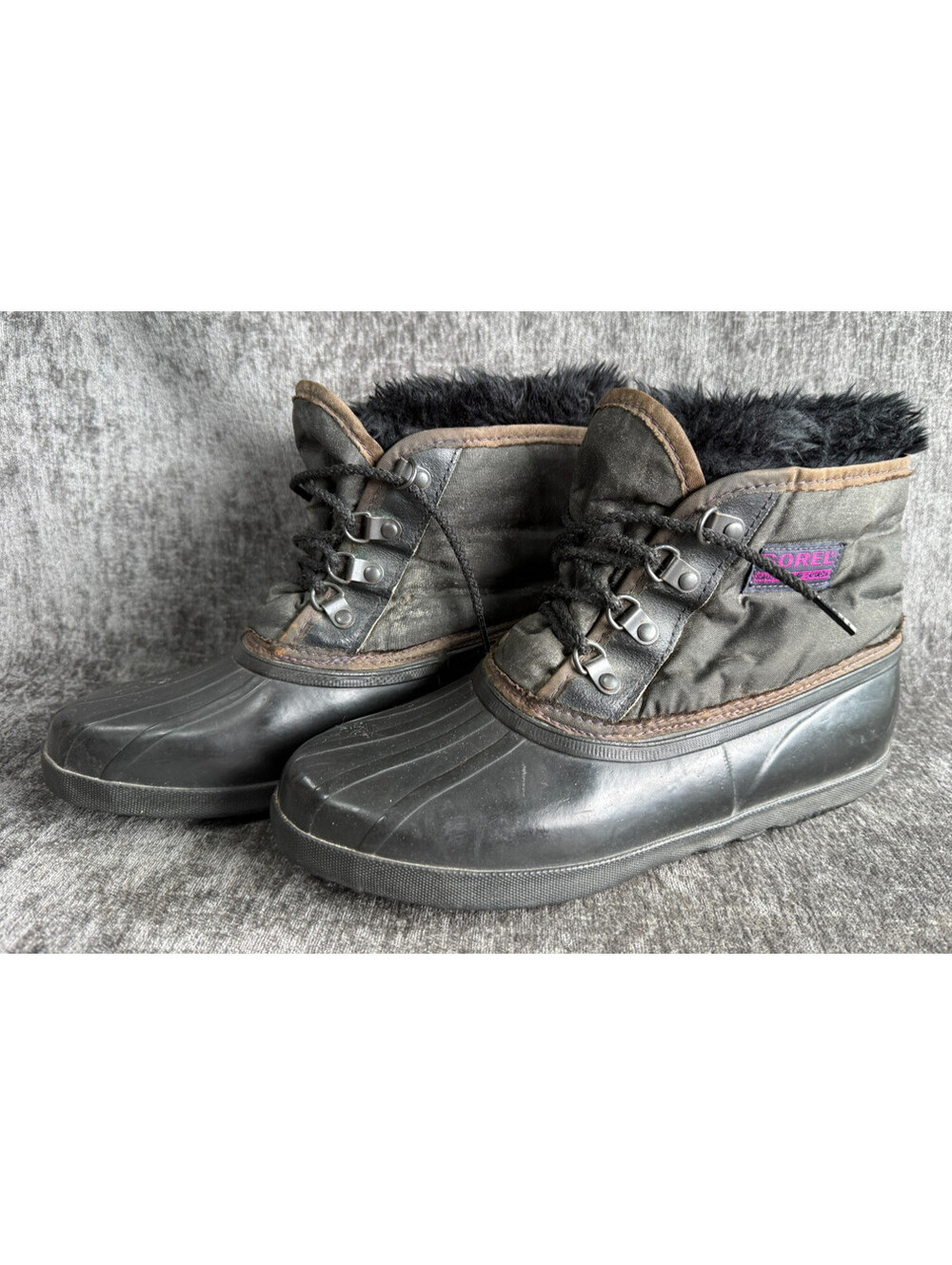 Vintage Sorel Winter Snow Boots Womens Size 9 Black Faux Fur Rubber Canada